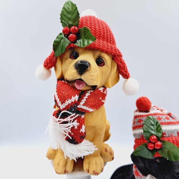 Pair of Resin Winter Holiday Golden Lab and Black Lab Puppies Figures - Picture 2 of 7